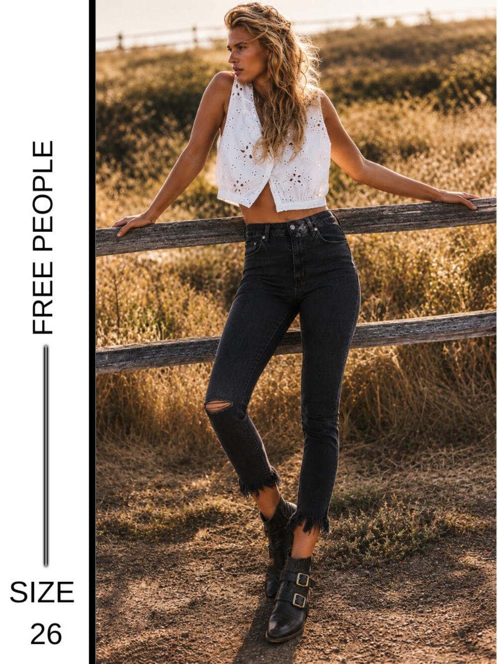 MSRP $98✨Free People Great Heights Frayed Skinny Jeans Size 26 Distressed Black